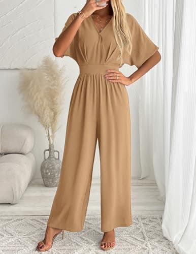 LOOKBOOK Jumpsuit for Women Dressy Elegant Wide Leg Casual V Neck Short Sleeve Summer One Piece Outfits with Pockets Khaki S - Thumbnail 2