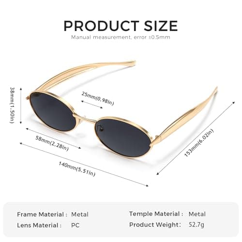 SUNGAIT Vintage Luxury Oval Sunglasses for Women UV Protection Gradient Lens Retro Sun Glasses with Chunky Frame (Gold Frame/Grey Lens) - Thumbnail 5
