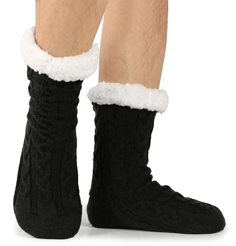 BenSorts Mens Fuzzy Slipper Socks with grippers Warm House Indoor Fleece Cabin House Home Cozy Socks Christmas Gift Stocking Stuffers 2 Packs Black and Gray - Thumbnail 4