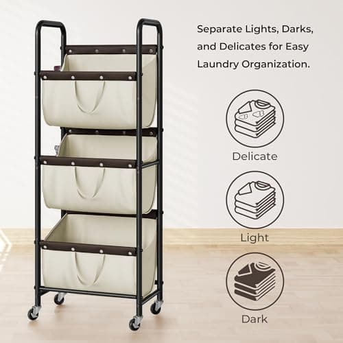 GRANNY SAYS 3 Tier Laundry Sorter, Laundry Basket with Wheels, Laundry Room Organization and Storage, 3 Section Rolling Laundry Cart for Dorm, Bathroom, Bedroom, Closet, Beige - Thumbnail 4