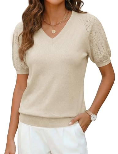 LaGracia Puff Short Sleeve Sweater for Women Summer Puff Sleeve Sweater Tops Spring V Neck Cauasl Dressy Shirts Cute 2026 Beige XL - Image 1