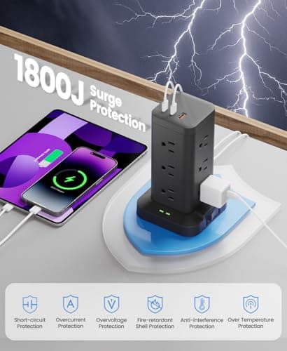 Tagzilo 15-in-1 Power Strip Tower with Surge Protector 1800J, Fast Charging Tower PD20W USB-C Ports with 12 AC Outlets, 9.8ft Extension Cord for Home Office Dorm Room, Black - Thumbnail 2
