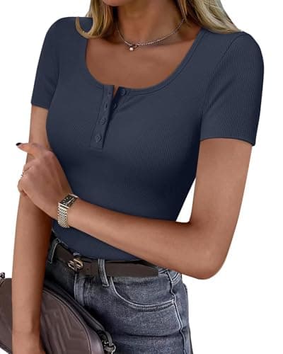 GKBK Ribbed Short Sleeve Tops for Women Henley Button Up Slim Fitted Tight Basic Tee Tshirts Cute Spring Summer Tops Blouse 2025 Trendy Outfits Dark Blue XS - Image 1