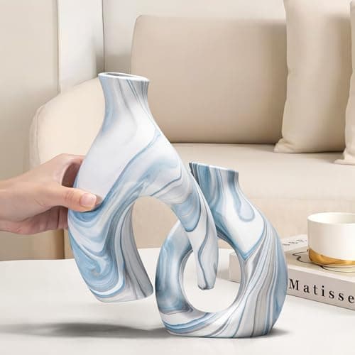 Blue Vases Set of 2, Modern Coastal Vase for Flowers, White vases for Table Centerpieces, Snuggle Hollow Vase Ceramic Decoration for Living Room, Nordic Boho Decor for Coffee Table Shelf - Thumbnail 2