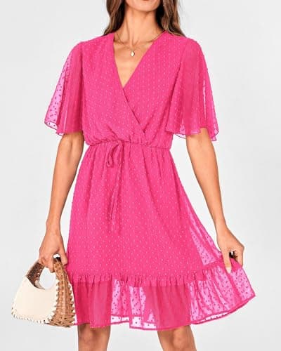 KIRUNDO Womens Summer Dresses 2026 Casual Spring Short Sleeve V Neck Ruffle Swiss Dot High Waist Belted Flowy Mini Dress(Style2-Rose Red, Medium) - Thumbnail 3