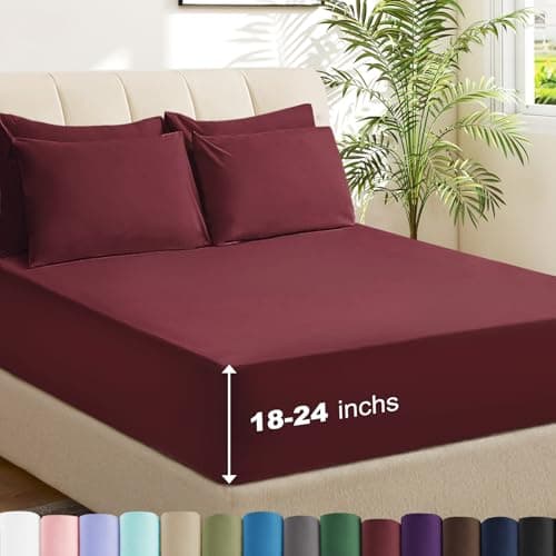 USXIBEI 4 Piece Twin Sheet Set – Breathable & Cooling Bedding Set with 18-24 Inch Deep Pockets - 1 Flat & 1 Fitted Sheet & 2 Pillowcases（Twin Burgundy） - Thumbnail 2