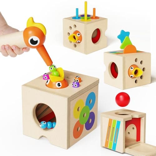 5-in-1 Wooden Activity Cube, Toddlers Montessori Toys for Baby Boys Girls, Baby Activity Center for 2+ Year Old, Woodpecker Worm Toy Magnetic Bird Feeding Game, Educational Color & Shape Sorting Toy - Image 1