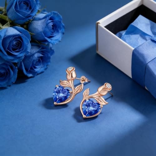 JACUPO Rose Heart Necklace Earrings Set September Birthstone Lab-Grown Sapphire S925 Silver 18K Rose Gold Plated Engraved I LOVE YOU Gift For Mom Girlfriend Wife Mothers Day Engagement Confession Gift - Thumbnail 6