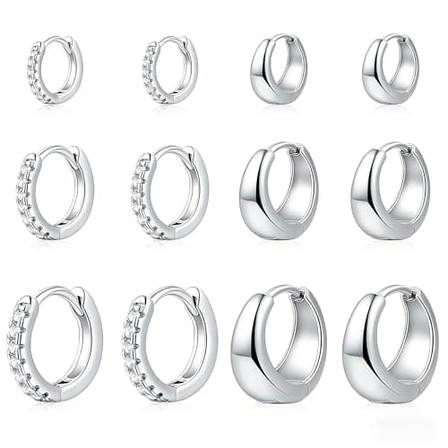 ALLHOLA 6 Pairs 14K Gold Plated Hoop Earrings for Women Hypoallergenic Small Huggie Hoops Earring Set for Sensitive Ears Non Tarnish Trendy Chunky Gold/Silver Earrings Cartilage Stacks for Multiple Piercing Jewelry Lightweight (Silver hoops CZ) - Image 1