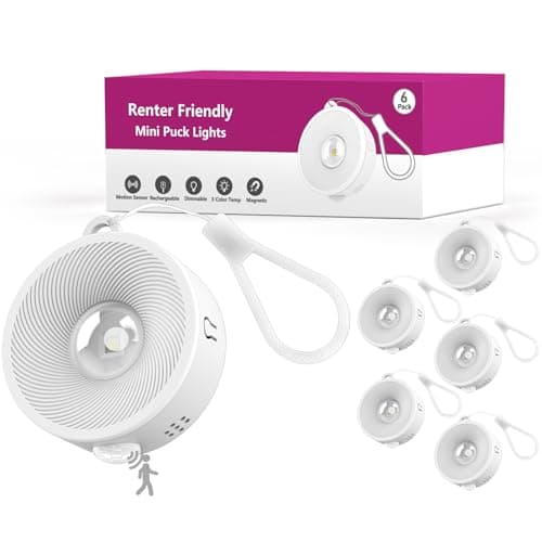 2" Rechargeable Mini Puck Lights w/Lanyard, Renter Friendly Magnetic Stick On Battery Operated Lights, Wireless Motion Sensor Light Indoor for Closet, Wall, Shelves, Kitchen, Locker - 6Pack/White