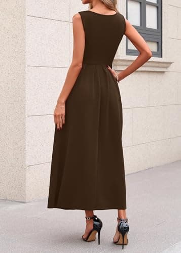 Lazysmile Summer Sleeveless Maxi Dresses for Women Mock Neck Pleated A Line Formal Cocktail Wedding Guest Dress Brown - Thumbnail 2