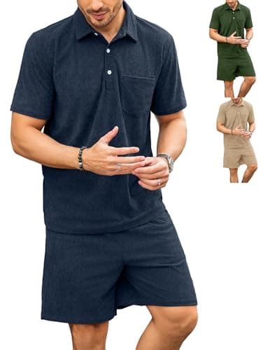 ZAFUL Mens Beach Shirt Summer Clothes for Men Corduroy Casual 1/4 Button Polo Shirt Beach Two Piece Short Set Navy Blue Large - Image 1