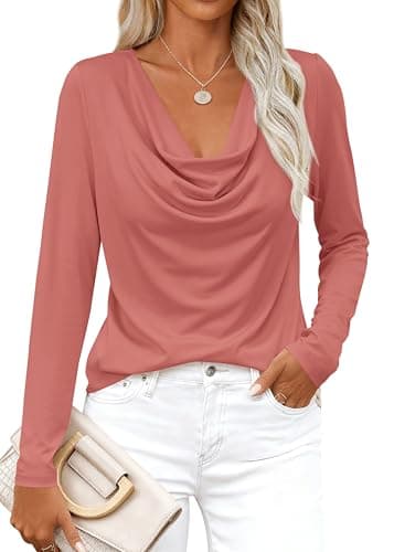 PRETTYGARDEN Womens Spring Tops 2026 Dressy Cowl Neck Long Sleeve Shirts Loose Business Casual Blouses Teacher Tunic Top(Bean Paste Pink,XX-Large) - Image 1