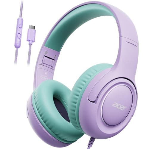 Acer USB-C Kids Headphones - 85/94dB Safe Volume Limited, Foldable Wired Over Ear Headphones for Travel, Toddler Headphones for School, Travel, iPad, Tablet, Purple Green, HK03C - Image 1