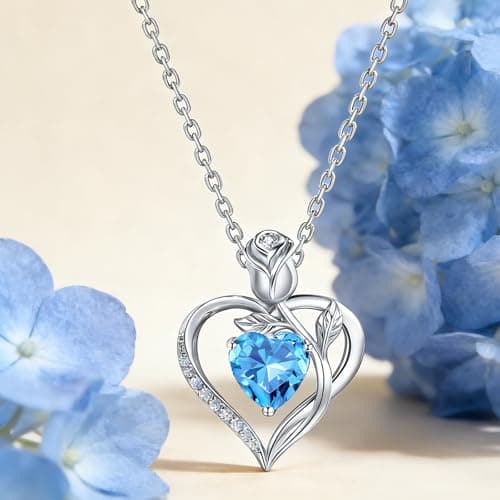 JACUPO Heart Birthstone Silver Necklace for Women(03 - Aquamarine) - Thumbnail 4