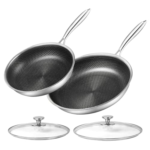 Innerwell Stainless Steel Frying Pan Set with Lid 10" and 12" Nonstick Honeycomb Coatings Skillet Set 2pcs W/Stay Cool Handle,Works Pan for Cooking with Induction Gas Stovetops - Image 1