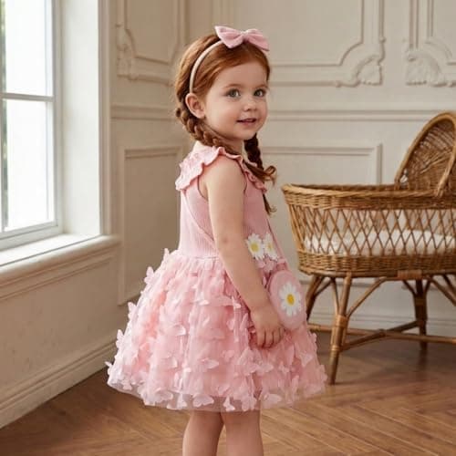 Infant Toddler Girl Summer Dress Boho Butterfly Floral Tulle Tutu Dress Set with Matching Bag & Bow, Sleeveless Ruffle Sun Dress for Beach & Photos Pink 9-12Months - Thumbnail 5