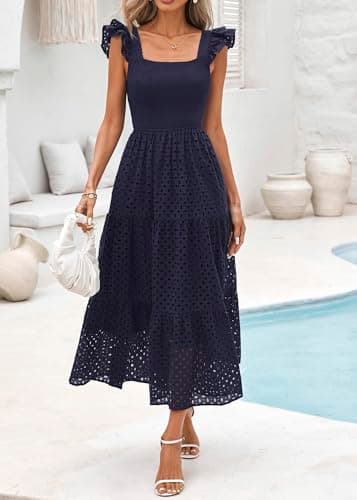 Lazysmile Womens Summer Maxi Dress Square Neck Ruffle Cap Sleeve Hollow Out Eyelet Smocked Tiered A Line Boho Sundress Navy - Thumbnail 3