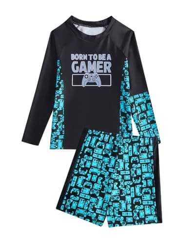 JiAmy Boys 2 Piece Rash Guard Swimsuit Long Sleeve Swimwear Set Quick Dry Bathing Suit with Trunk Swim Set 9 Years Sea Blue - Image 1