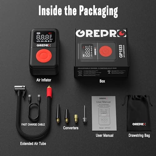 GREPRO Tire Inflator Portable Air Compressor, 160 PSI Portable Air Pump with Digital Pressure Gauge, LED Light, and Multiple Adapters for Car, Motorcycle, Bicycle, and Other Inflatables - Thumbnail 6