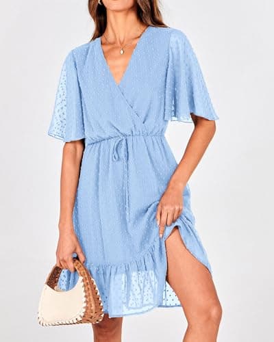 KIRUNDO Womens Summer Dresses 2026 Casual Spring Short Sleeve V Neck Ruffle Swiss Dot High Waist Belted Flowy Mini Dress, Style2-light Blue, Large - Thumbnail 6