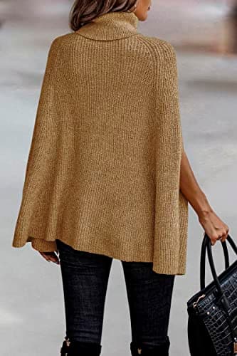 KIRUNDO Women's 2026 Fall Winter Turtleneck Poncho Sweater Fashion Chunky Knit Cape Wrap Sweaters Pullover Jumper Tops(Yellow Camel, Medium) - Thumbnail 5