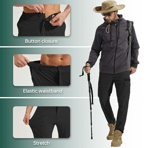 NATUVENIX Hiking Pants Men Lightweight Mens Travel Pants Quick Dry Cargo Work Pants for Men Water Resistant Fishing Pants Black - Thumbnail 6