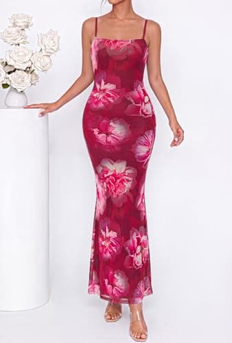 BTFBM Womens Summer Maxi Dress 2026 Floral Mesh Spaghetti Straps Sleeveless Sexy Bodycon Wedding Cocktail Party Dresses(Floral Rose Pink, Medium) - Thumbnail 4