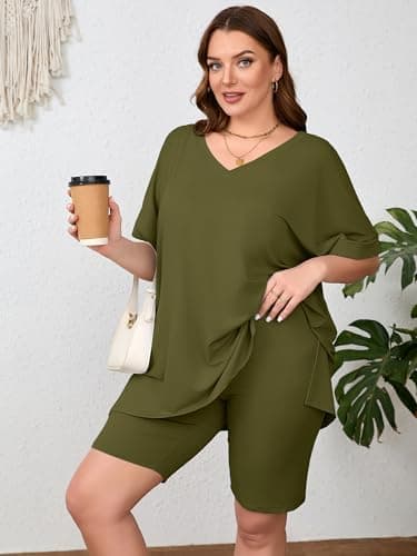AusLook Women's Plus size 2 Piece Short Outfits Set Short Sleeve Tops and Shorts Pants Army Green 2X Casual Comfy Soft Ladies Short Sleepwear Lounge Pajama Matching Set - Thumbnail 3