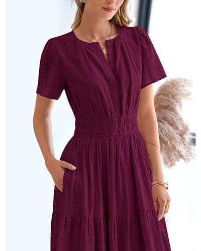 BTFBM Womens Summer 2026 Casual Midi Maxi Dresses Lightweight Short Sleeve V Neck Elastic Waist Boho Beach Dress Pockets(Wine Red, Small) - Thumbnail 6