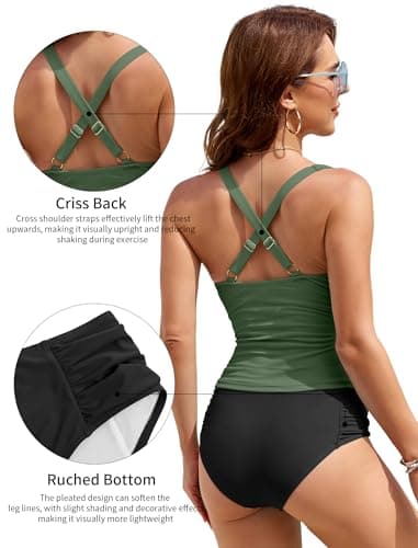 ZAFUL Womens Tankini Swimsuits Tummy Control Bathing Suits Two Piece V Neck Ruched Swim Suits 2025 Army Green S - Thumbnail 5