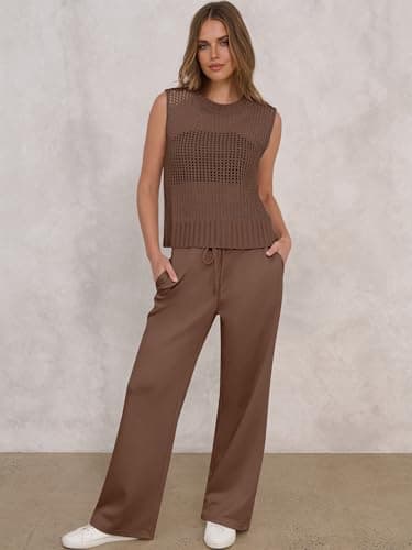 ANRABESS Women 2 Piece Summer Outfits 2026 Crochet Sweater Vest Wide Leg Pants Lounge Matching Sets Travel Vacation Clothes Brown Medium - Thumbnail 5