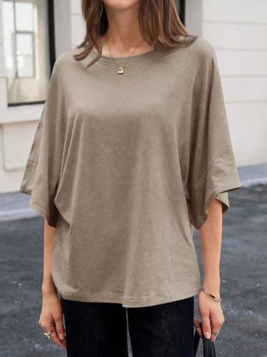 Cicy Bell Womens Oversized Half Sleeve T-Shirts Summer Casual Crew Neck Tshirt Loose Fit Side Slit Tee Tops Khaki - Thumbnail 3