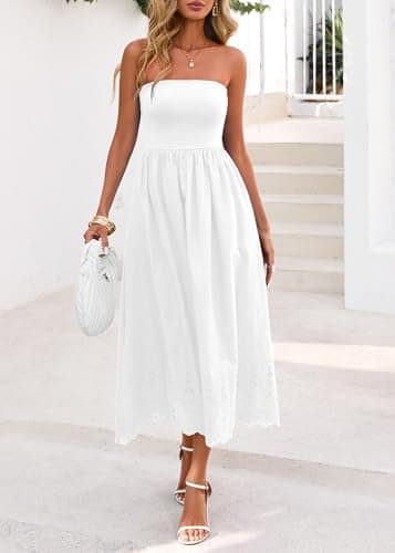 Lazysmile Summer Boho Maxi Dress for Women Strapless Tube Top Lace Trim A Line Beach Casual Long Dress White - Thumbnail 3