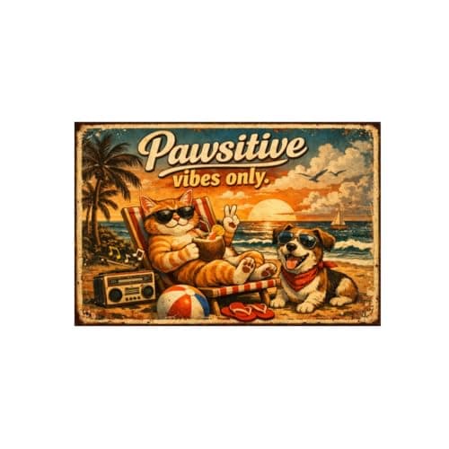 Pawsitive Vibes Only Vintage Tin Sign Funny Cat Dog Beach Wall Decor Retro Metal Plaque Summer Coastal Artwork Gift for Pet Lovers Home Bar Patio 8x12 Inch Pre Drilled Holes