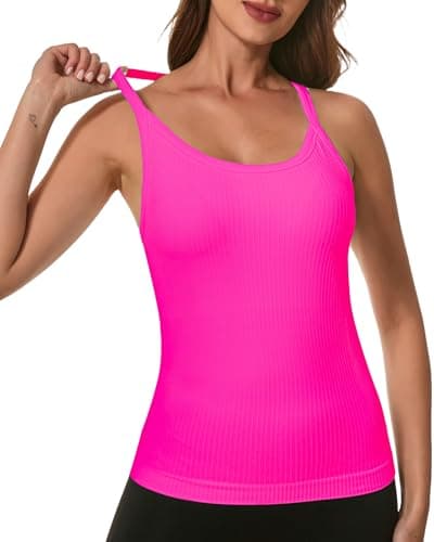 UG Active Women Built-in Bra Tank Tops Seamless Ribbed Tank with Pads Casual Fitted Cami Tank Hot Pink S