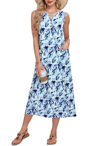 MOLERANI Women's Casual Maxi Dress Sleeveless V Neck Summer Button Down Dresses with Pockets 2026, Blue WT Leaves, 2XL - Image 1