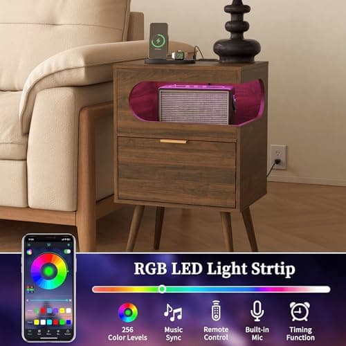 Veegle Nightstand with Charge Station,Modern Bedside Table with Storage Drawer and Open Wood Shelf, Accent Night Stand with Solid Wood Legs for Bedroom and Small Spaces (Walnut Brown) - Thumbnail 6