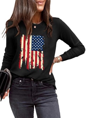 EVALESS Summer Spring Tops for Women Trendy Crewneck Long Sleeve Tops Independence Day Printed Shirts Loose Fit Basic T Shirts Casual Tee Clothing Black X-Large - Image 1