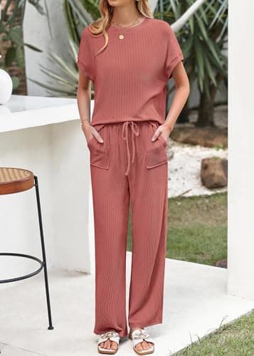 KIRUNDO 2 Piece Sets for Women Dressy Casual Ribbed Knit Short Sleeve Tops Wide Leg Pants Lounge Set Travel Airport Outfits(Rust Red, Large) - Thumbnail 5