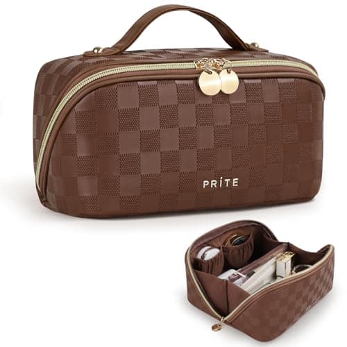 Prite Makeup Bag for Women Travel Waterproof Vegan Leather Cosmetic Bag Open Flat Toiletry Bag With Clear Divider and Handle (Plaid Brown) - Image 1