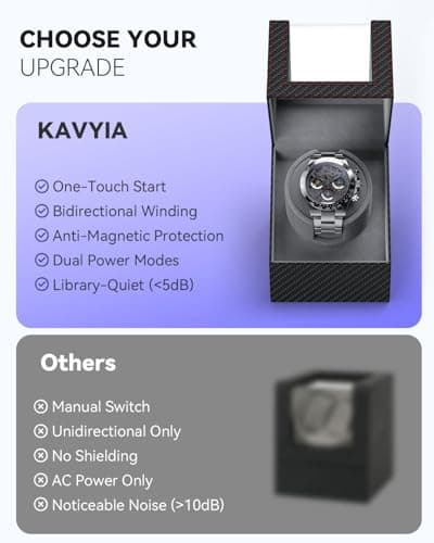 KAVYIA Watch Winder with Japanese Motor – Silent Adjustable Rotation, Premium PU Leather Exterior and Soft Flexible Watch Pillows, Gift for Him, Birthday - Thumbnail 6