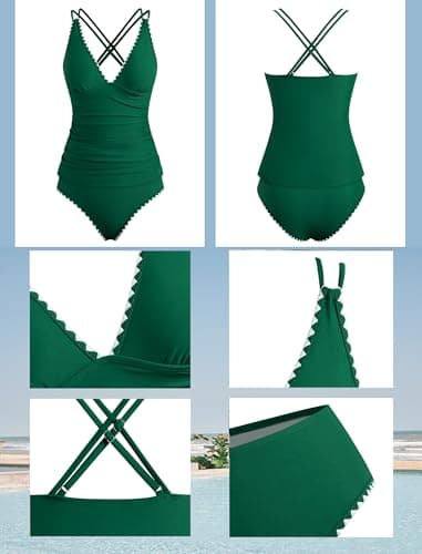 ZAFUL V Neck Tankini for Women 2026 Color Block Bikini Top Double Shoulder Straps Bikini Ruched Swim Suits with High Waisted Bottoms Summer Bathing Suits (Green S) - Thumbnail 5