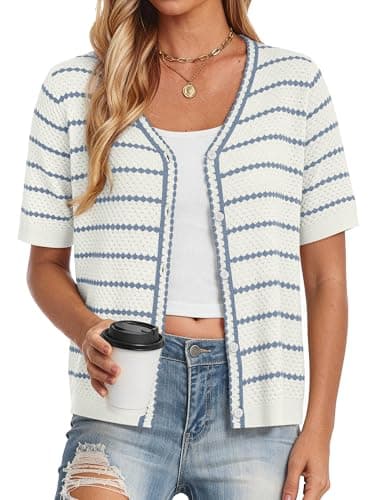 COCCKO Womens V Neck Summer Striped Cardigan Puff Sleeve Ruffle Lightweight Knit Sweaters Open Front Button Down Tops Blue M - Thumbnail 3