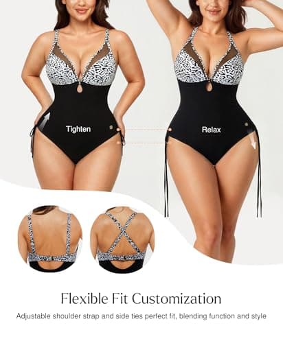 Popilush Tummy Control Swimsuits for Women - One Piece Shapewear Bathing Suit with Built-in Bra Mesh Slimming Swimsuit Leopard Black - Thumbnail 4