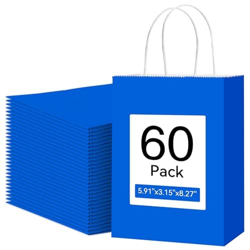 Qioxiou 60 Pack Blue Gift Bags 5.91x3.15x8.27 Small Size Kraft Paper Bags with Handles Bulk for Birthday Wedding Party Favors Grocery Retail Shopping Business Goody Craft Gift Bag Sacks - Image 1