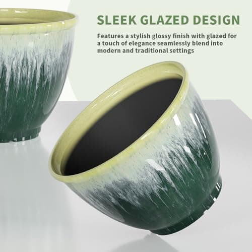 Flower Pots, 8 Inch Plastic Plant Pots for Plants, Set of 4 Planter for Indoor Outdoor Plants with Drainage Hole, Sleek Small Nursery Planting Pot for Home Garden Outdoor Planters(Green Glaze) - Thumbnail 3