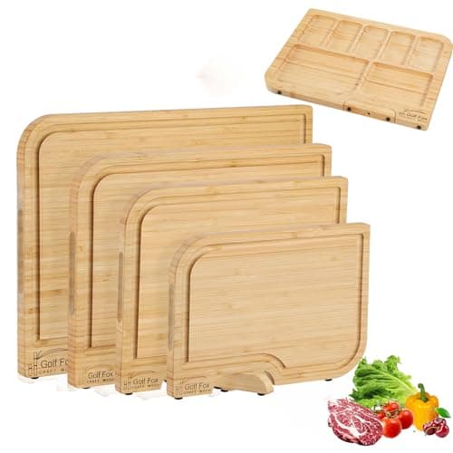 4-PCS Bamboo Cutting Board Set with Innovative Stand - Durable Double Sided Wooden Cutting Board with Juice Groove & Handle for Meal Prep, Meat, Charcuterie Serving, Eco-Friendly Healthy Kitchen Gift - Image 1
