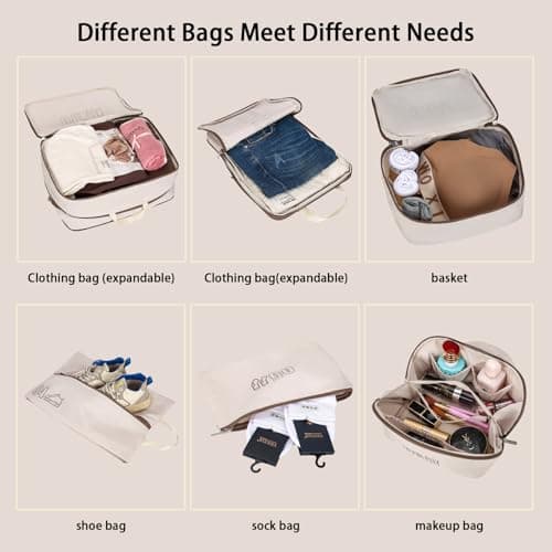 6 Set Compression Packing Cubes for Travel, Gifts for Women Mom, Anti-Tearing Suitcase Organizer for Luggage with Shoe & Hanging Toiletry Bag, Vacation Essentials & Accessories for Cruise Ship, Khaki - Thumbnail 4
