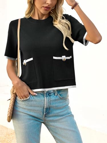 Saodimallsu Womens Short Sleeve Sweater Color Block Crew Neck Summer Crop Tops Loose Casual Knit Shirts with Pockets Black - Thumbnail 2